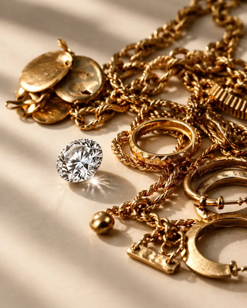 Close-up of gold jewellery and a diamond on an ivory surface