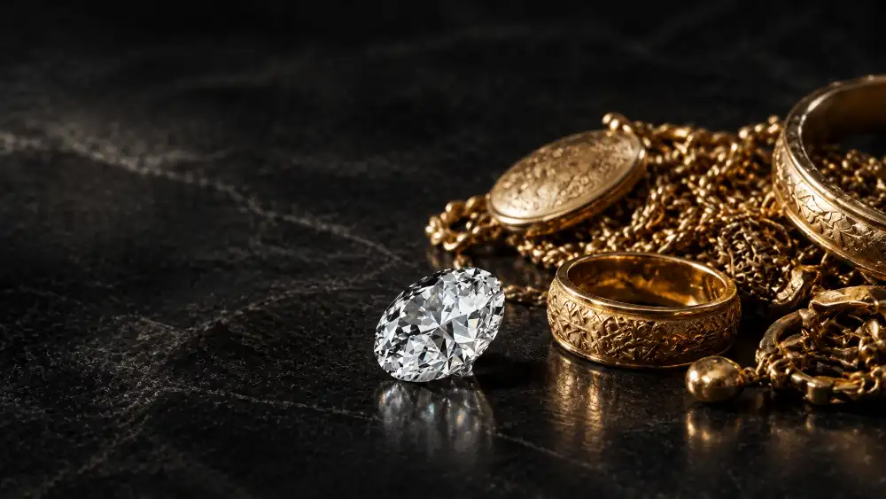 Gold jewellery and a brilliant diamond on a dark surface